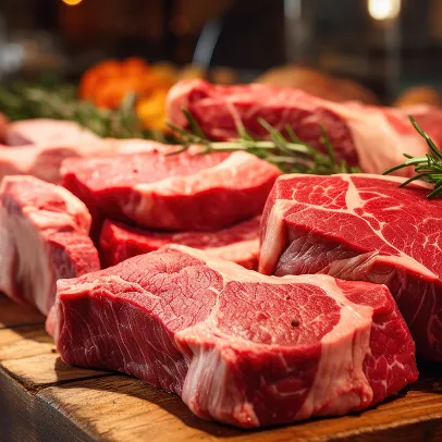 Des morceaux de viande rouge fraîche avec du romarin sur une planche en bois à Bourges dans le Cher 18