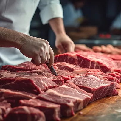 Boucher coupant des morceaux de viande crue sur une planche en bois à Bourges dans le Cher 18