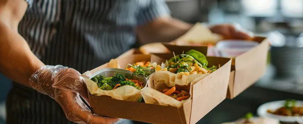 Personne gantée tenant une boîte repas avec des compartiments de légumes frais à Bourges dans le Cher 18